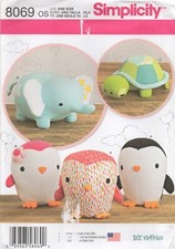 Simplicity Sewing Pattern 8069 Soft Toy Elephant Turtle Tortoise Penguin New