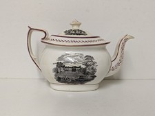 Antique Georgian Early 19th Century Bone China Tea Pot Pink Lustre And Landscape