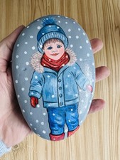 Hand Painted  Pebble/Stone/Rock, Little Boy/Child, Snow/winter Scene