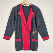 Vintage Grazia Cardigan UK10 Grey Red Double Breasted Wool Blend