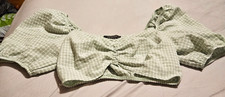 Primark Green mix check Bardot Crop Top Balloon short Sleeves Size 10 BNWOT