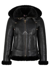 Ladies B3 Sheepskin Black/Black Fur Detachable Hood Classic WW2 Shearling Jacket