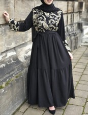 Ladies Black Gold Embroidery Paisley Abaya Jilbab Wedding Party Dress Sz 54