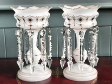 Fine Pair of Gilded Antique Opaque Glass Mantle Lustres with Prismatic Spears