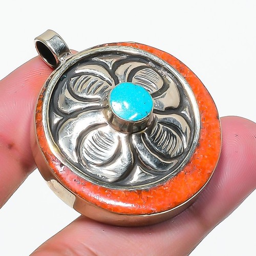 Turquoise red coral pendant - turquoise,
