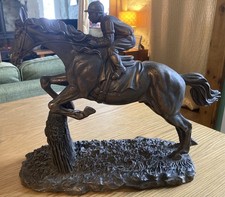 Bronze Effect Resin Figurine of Jumping Rider and Horse 29cm x 35cm heavy 
