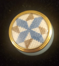Vintage Framecraft Made In UK Blue Trinket Box w Cross Stitch Quilt Square