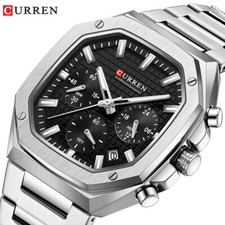 Curren Army Mens Watch Quartz Square Chrono Date Day Analog Stainless Steel Band