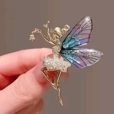 Angel Fairy Crystal Brooch Gold Resin Wings Lapel Pin Badge & Black Velvet Bag 