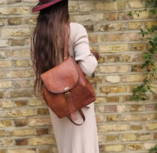Medium Small Tan LEATHER BACKPACK Bag Boho Hippie Vintage Western Minimalist 70s