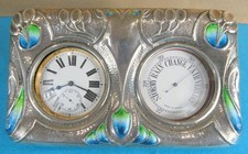 Art Nouveau Sterling Silver Enamel Clock & Barometre Flower Buds Douglas 1902