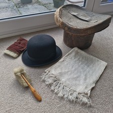 Vintage Black Bowler Hat By Dunn & Co Piccadilly, With Hatbox, Brushes And Scarf