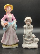Pair of Vintage Porcelain Figurines – 15 cm Lady with Basket & 11 cm Bonnet Girl