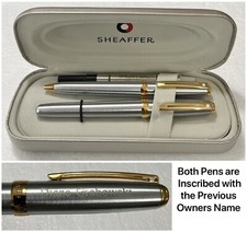 SHEAFFER White Dot PRELUDE Brushed Steel Gold Trim Roller+Ballpoint Pen Set DG