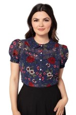 Hell Bunny Camellia Blouse 1950s Retro Top Vintage Style Floral Rockabilly Shirt