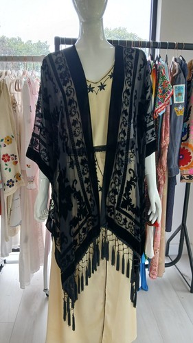 Black fringe velvet kimono - velvet,