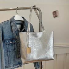 Large Faux Mock Croc Silver Gold Tote Shoulder Shopper Beach Travel Holiday Bag