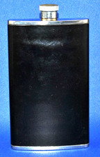 Large BLACK Pewter Stainless Steel 9oz HIP FLASK with Black LEATHER Protection