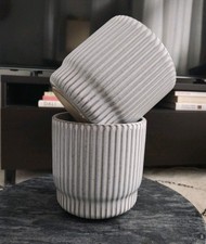 2 X Stoneware Plant Pots, Round Grey Glazed Ribbed Planter. Home Decor
