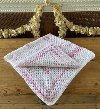 NEW BABY SOFT PRAM /COT/CRADLE BLANKET 34x36ins HANDMADE CROCHETED WHITE & PINK
