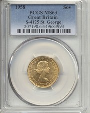1958  G. Britain 1 Sov Full Sovereign 0.9170 Fineness Gold 7.9881g PCGS MS 63