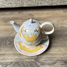 Beth For Whittard Handpainted Tea For One, Teacup Saucer, Teapot Lazy Cat Design