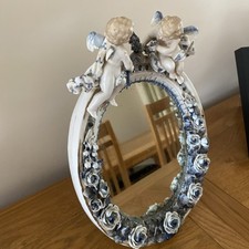 Antique Dresden Porcelain Freestanding Mirror with Cherubs/Putti & Floral Border