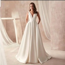 UK White ivory Satin Pockets V Neck Sleeveless A Line Wedding Dresses Size 6-18 