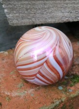 Gibson Style Pulled Feathered Glass Paperweight  Red Orange And White