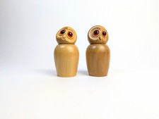 Pair of Turned and Carved Wooden Owl Ornaments with Moveable heads
