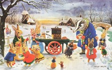 RACEY HELPS Hot Chestnuts Postcard Medici Society Winter Scene Animals