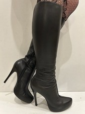 Sexy Moda In Pelle ‘Vandy’ Y2K Black Leather Platform Knee High Boots UK5 EU38
