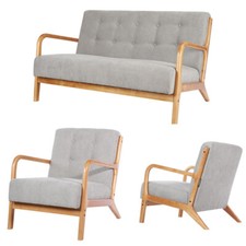 Grey Upholstery Wooden Frame Single Armchair 2 Seater Sofa Loveseat Couch Settee