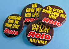Collection of four vintage retro tin ROLO themed pin badges