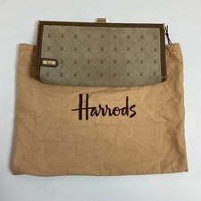 Harrods Brown Monogram Clutch Suede Leather Bag with Gold Hardware Brown & Beige