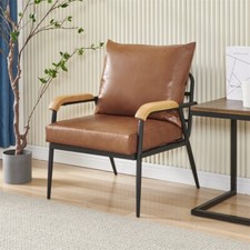 Single Sofa Armchair Faux Leather Back Cushion Metal Frame Leg Oak Armrest Brown