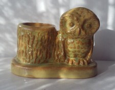 Ceramic Pottery Owl Desk Tidy / Vase Vintage Retro Kitsch Green/Brown Drip Glaze