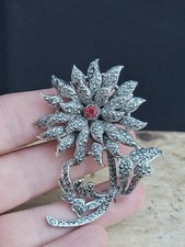 Vintage Large Marcasite, Red Stone Flower Brooch. Oversize. Statement