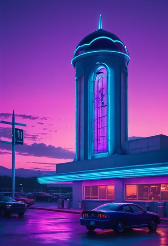 Neon clock tower diner - clock,