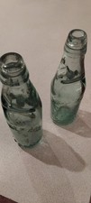 Vintage Green  Glass Codd Bottles x 2 With Marbles  & Makers Marks 23.5 cm VGC.