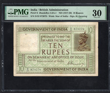 British India 10 Rupees (1917-30) Sign Denning Pick-6 Very Fine PMG 30