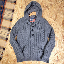 Lee Cooper Cable Knit Sweater Mens Large Grey Kangaroo Hoodie Button Up Fleece
