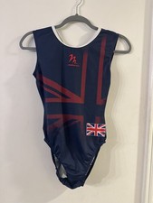 Milano GB short sleeve Leotard, size 36, blue and red Union Jack flag. 