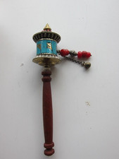 9" Tibetan Buddhism  Bronze Inlaid Turquoise Scriptures Prayer Wheel
