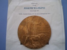 WW 1 Memorial Death Plaque Named to Joseph Watkins 14th. Bn. Australian Infantry