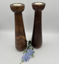 Pair Vintage Indian Tall Natural Solid Wooden Rustic Tea Light Candle Holders