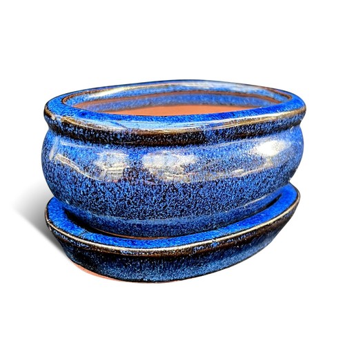 Glazed blue oval bowed ceramic - glazed,