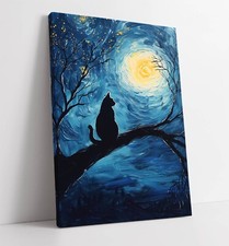 CAT SILHOUETTE VAN GOGH STYLE DEEP FRAMED CANVAS WALL ART PICTURE PRINT