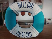 WELCOME ON BOARD Nautical Blue Cushion - Life Ring / Rope - Bathroom Wall Decor