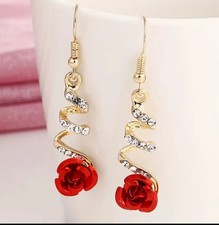 Red Rose Earrings & Brooch Set Dangle Earrings Rhinestone Christmas Gift Party 